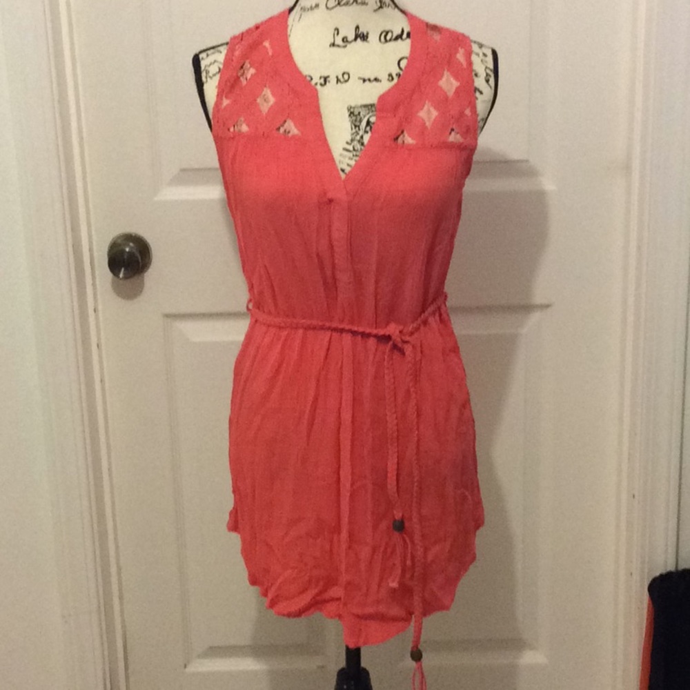 Coral Tunic Blouse with Lace Accent